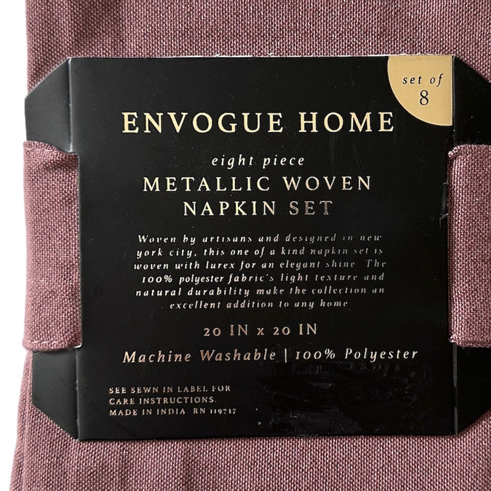 Envogue 8 Pc Napkins Set Metallic Woven NEW WITH TAGS Plum / Mauve 8 Napkins